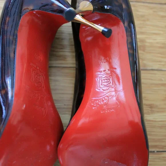 Christian Louboutin Red Heel Patent Leather Peeptoe Brown Tortoise Size 40.5